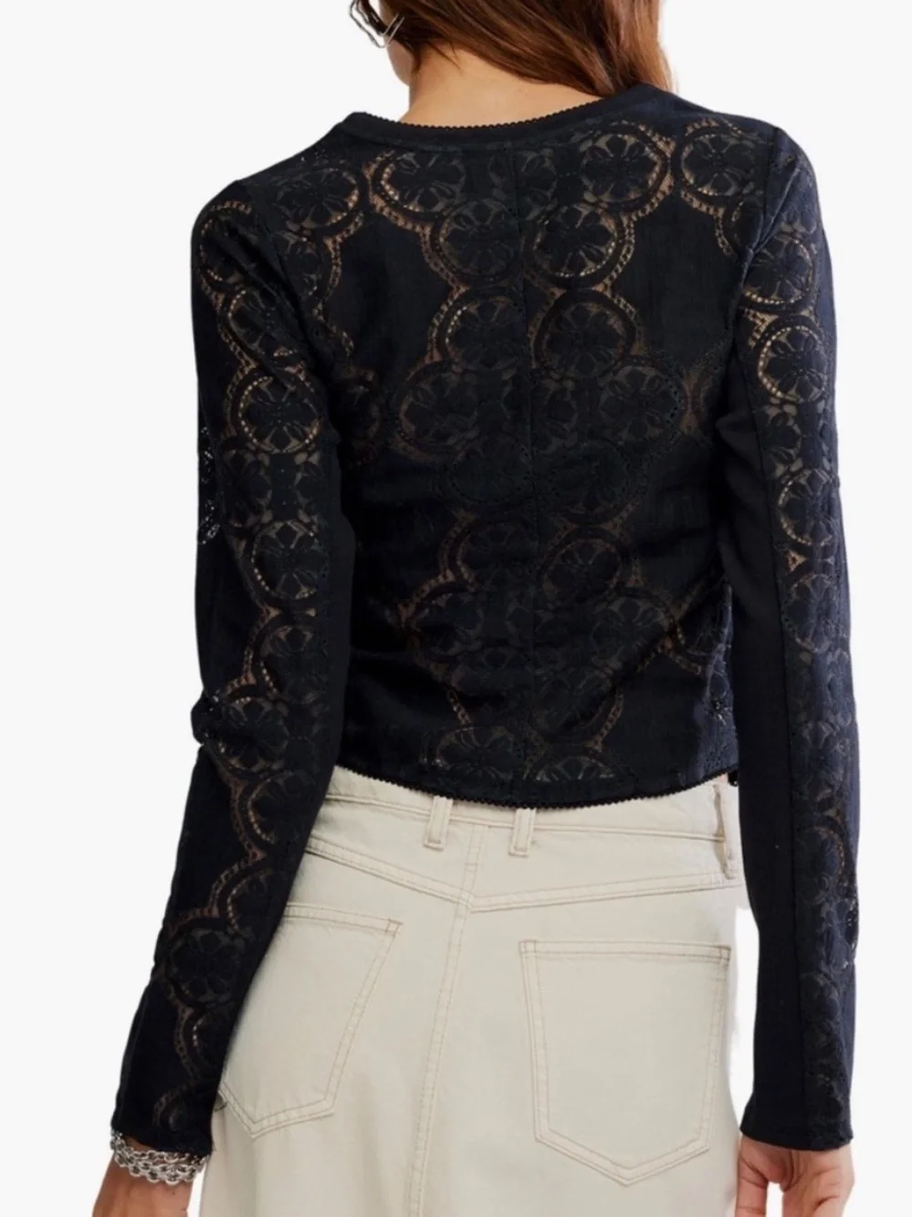 Free People NWT Jae Lace Top Medium Black Long Sleeves Button Front Knit
